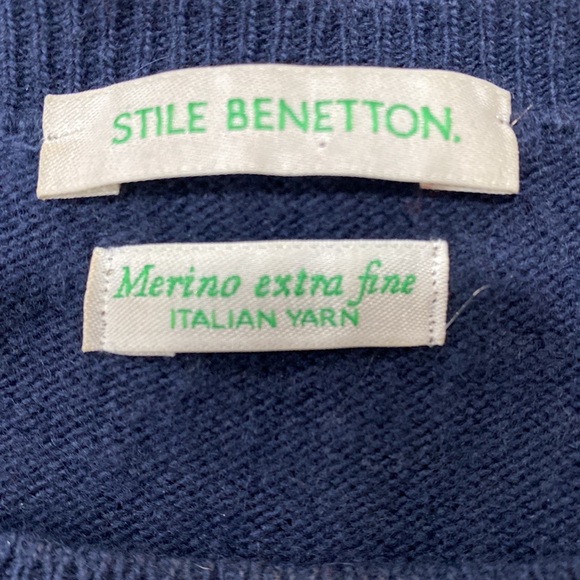 Stile Benetton Merino Extra Fine Italian Yarn Crew Neck Navy Blue size S - Picture 4 of 8